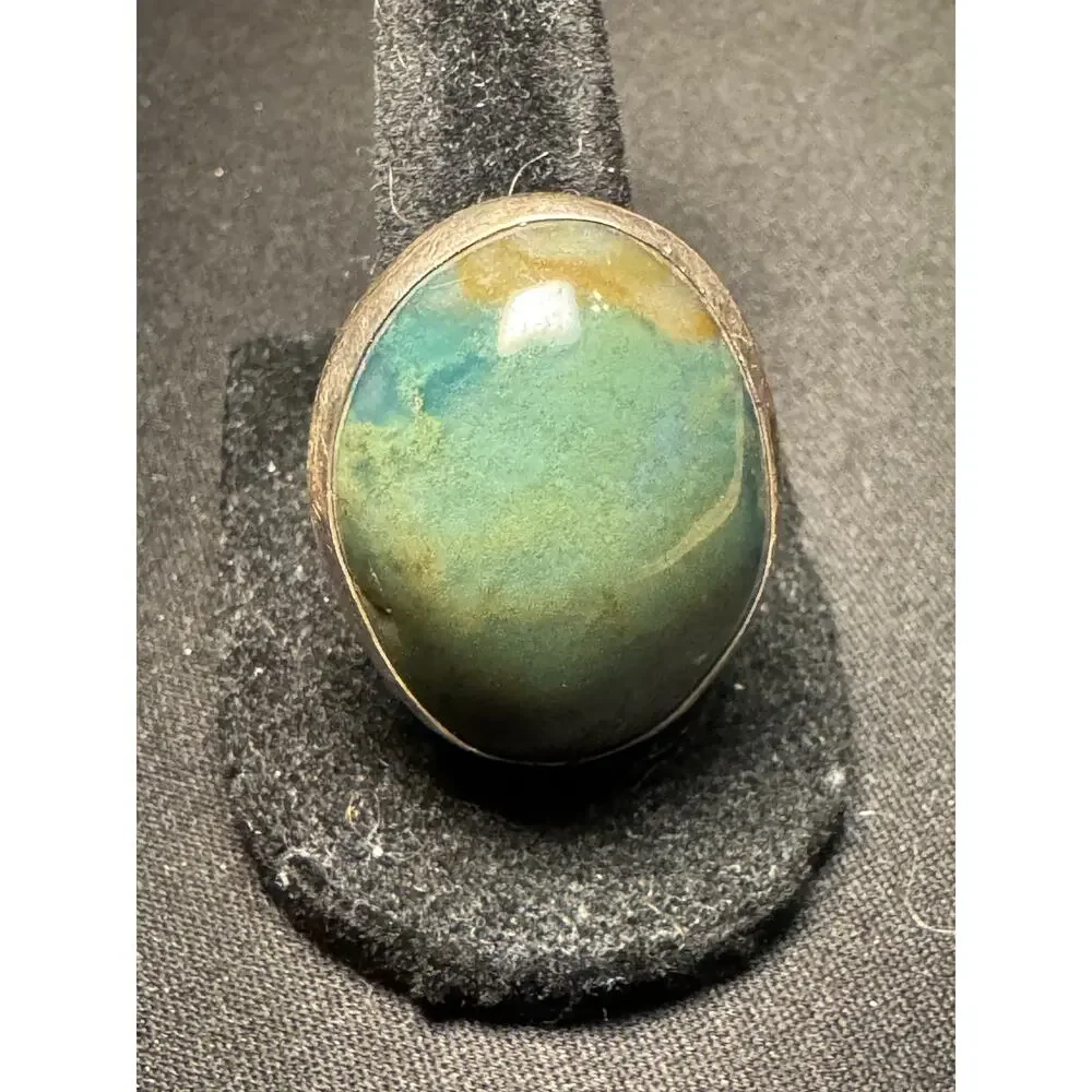 Vintage 925 Sterling Silpada Oval Green Stone Cabochon Brutalist Size 8